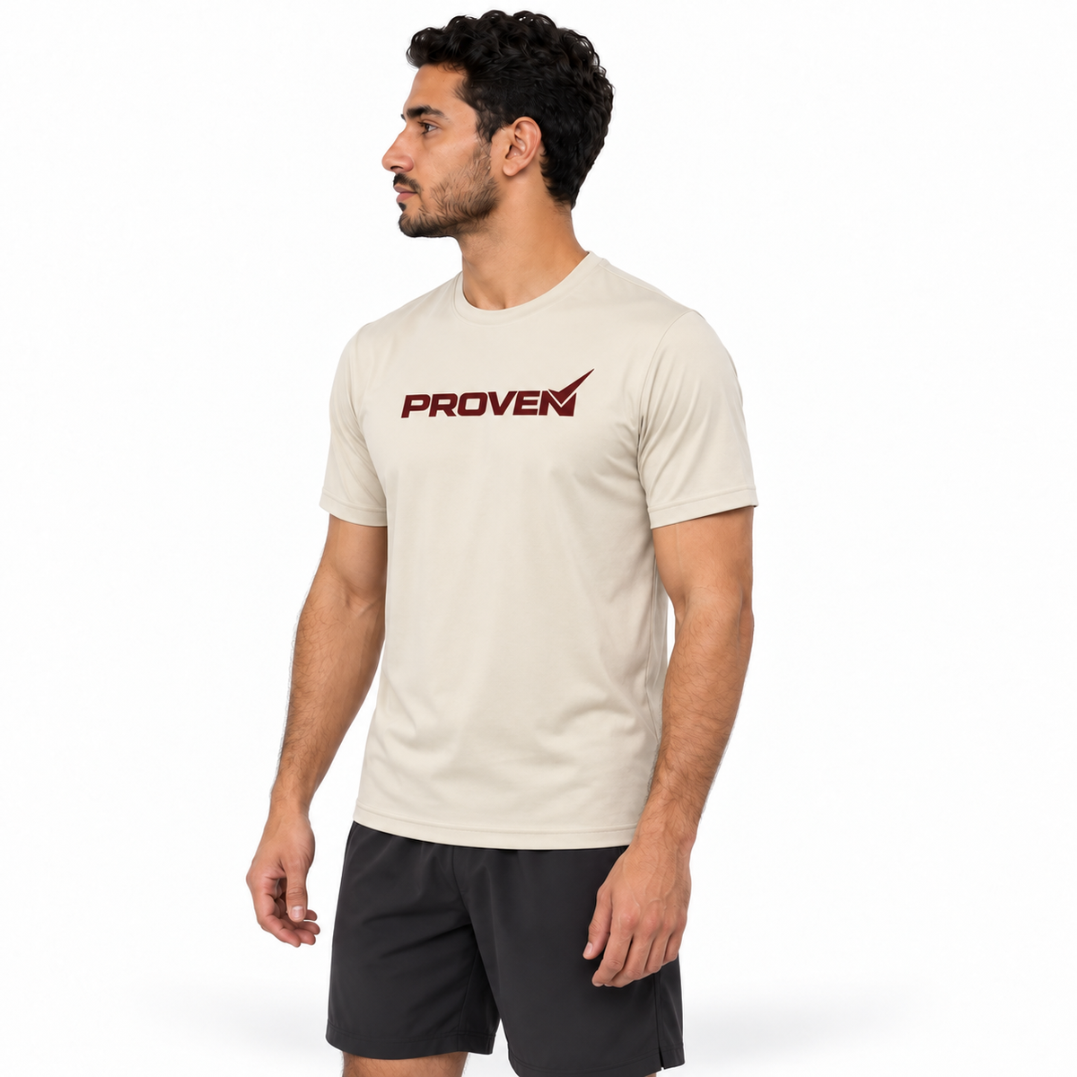 Desert Sand Essential Performance Tee by Proven Sportswear, a lightweight sports T-shirt with a comfortable fit and breathable fabric.