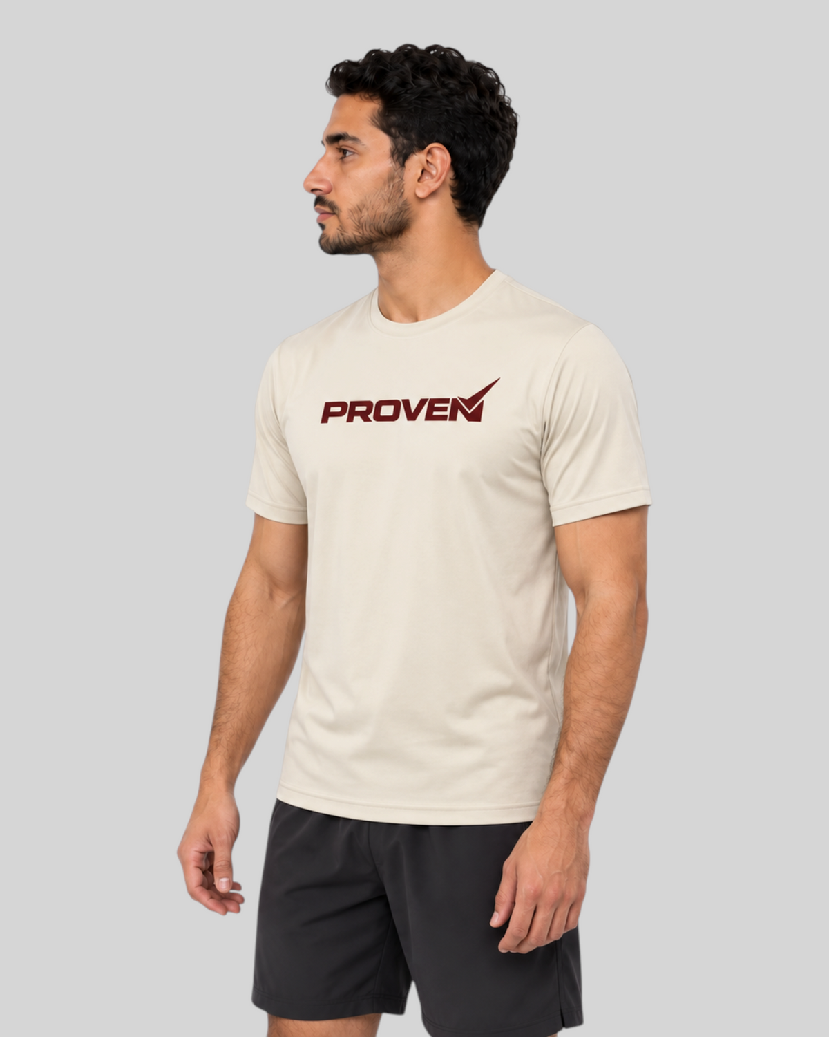 Desert Sand Essential Performance Tee by Proven Sportswear, a lightweight sports T-shirt with a comfortable fit and breathable fabric.