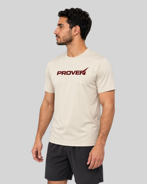 Desert Sand Essential Performance Tee by Proven Sportswear, a lightweight sports T-shirt with a comfortable fit and breathable fabric.
