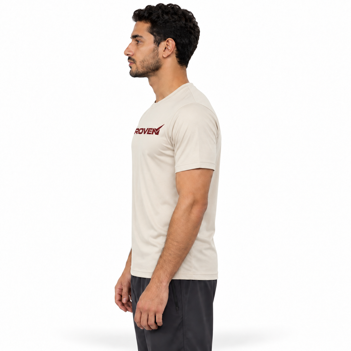 Desert sand Proven Sportswear Essential Performance Tee sports T-shirt laid flat, showcasing breathable fabric and athletic fit.