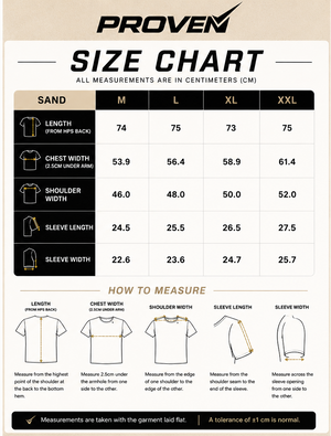 PROVEN Sand T-Shirt Size Guide 