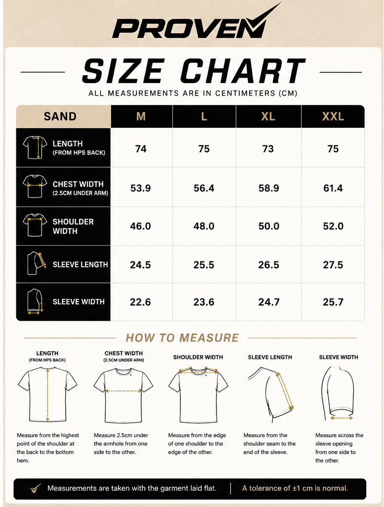 PROVEN Sand T-Shirt Size Guide 