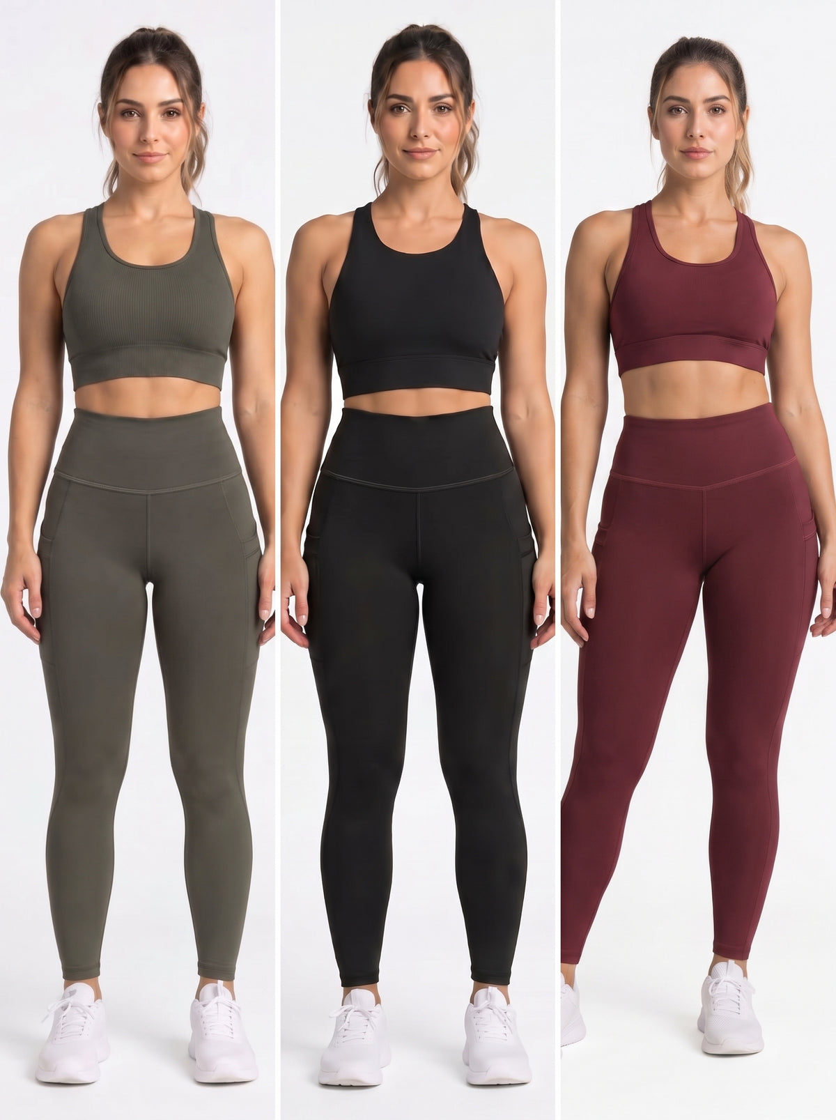 Women modeling Proven Sportswear high-waisted maroon pocket leggings, showcasing their fit and athletic style.