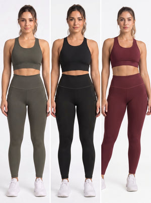 Women modeling Proven Sportswear high-waisted maroon pocket leggings, showcasing their fit and athletic style.