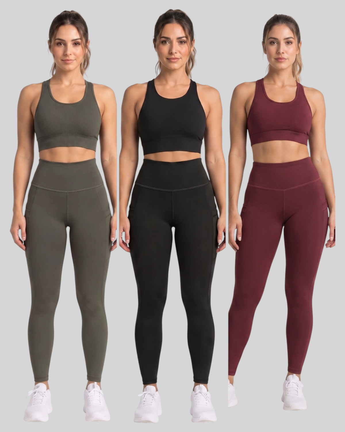 Women modeling Proven Sportswear high-waisted maroon pocket leggings, showcasing their fit and athletic style.