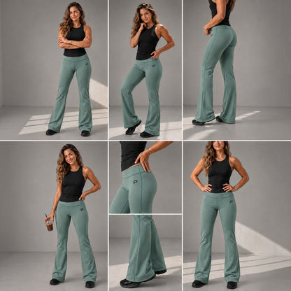 Olive Proven Sportswear flow flare leggings displayed on a model, showcasing their relaxed fit and stylish flare design.