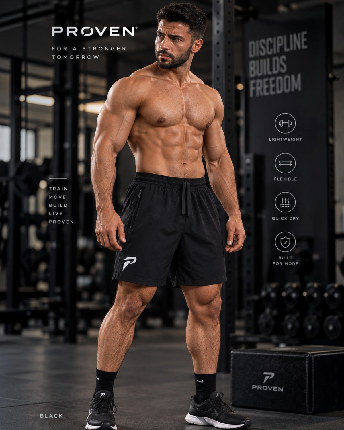 Black motion training shorts by Proven Sportswear, featuring lightweight fabric and athletic fit for sports and workouts.