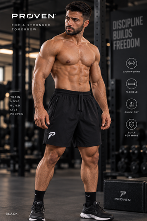 Black motion training shorts by Proven Sportswear, featuring lightweight fabric and athletic fit for sports and workouts.