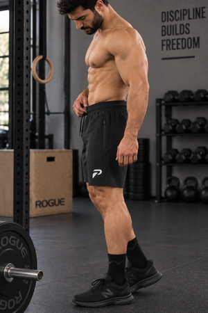 Black motion training shorts by Proven Sportswear, lightweight sports shorts with a breathable design for active workouts.