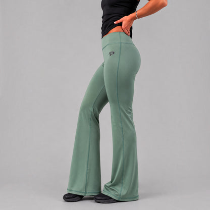 Olive Proven Sportswear flow flare leggings with a high waist and relaxed fit, displayed on a neutral background.