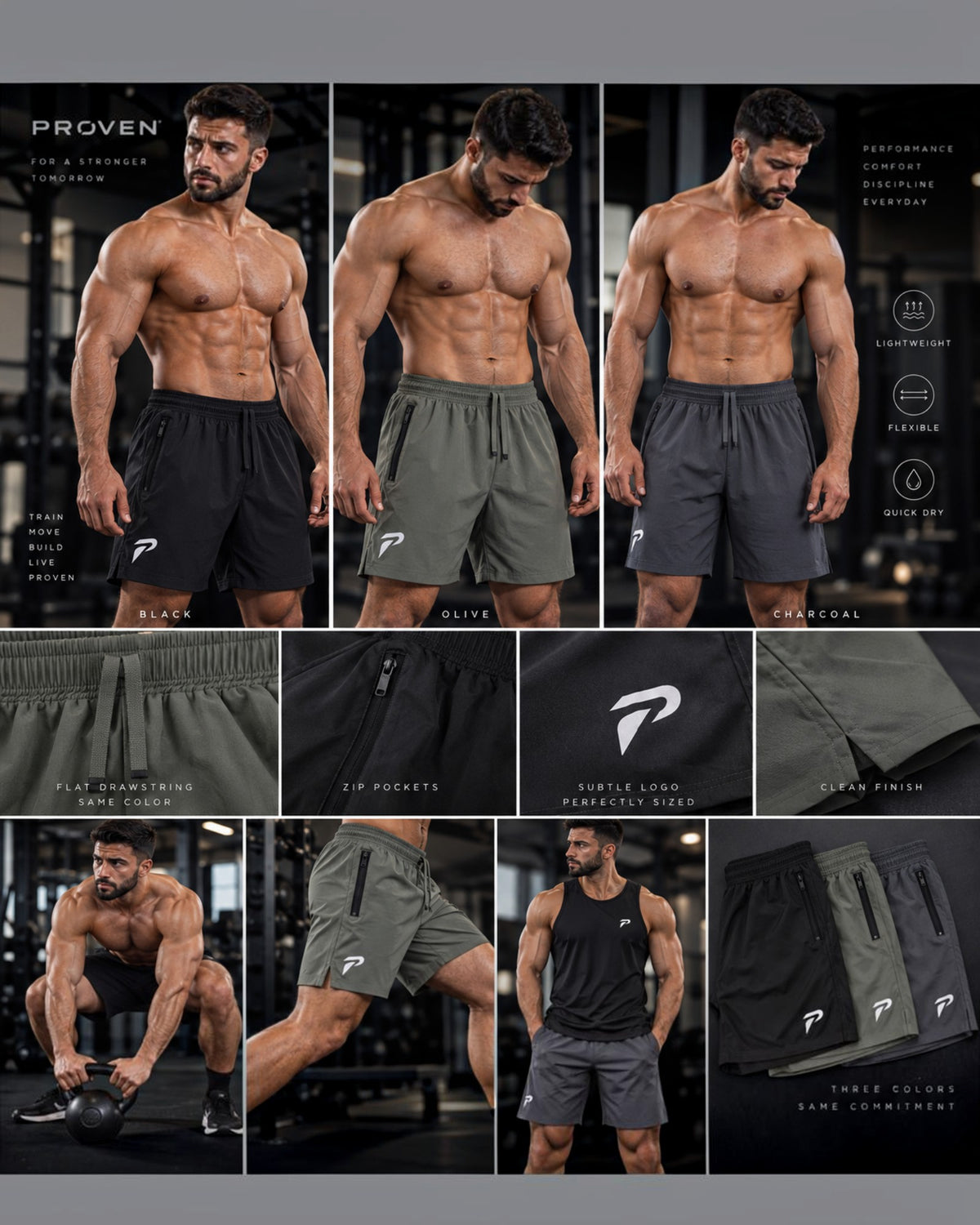 Black motion training shorts by Proven Sportswear, featuring lightweight fabric and athletic fit for sports and workouts.