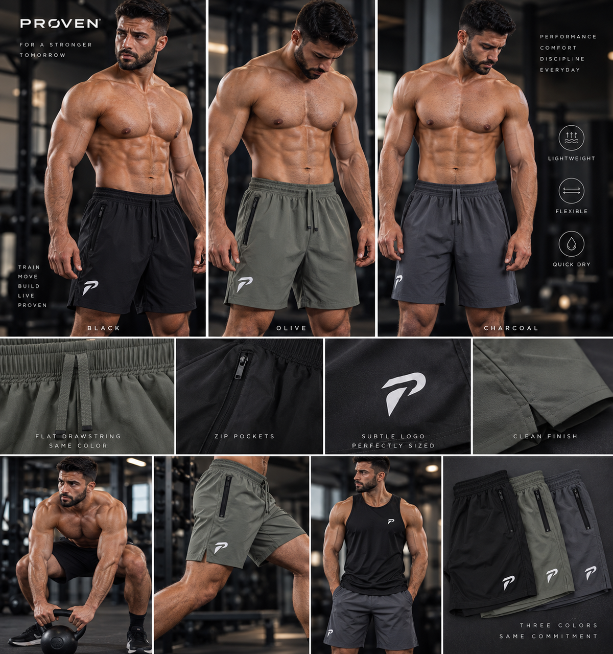 Black motion training shorts by Proven Sportswear, featuring lightweight fabric and athletic fit for sports and workouts.