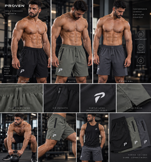 Black motion training shorts by Proven Sportswear, featuring lightweight fabric and athletic fit for sports and workouts.